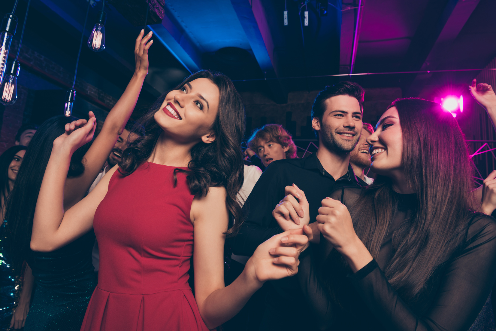 Photo portrait of people dancing at luxury prom party together in modern nightclub